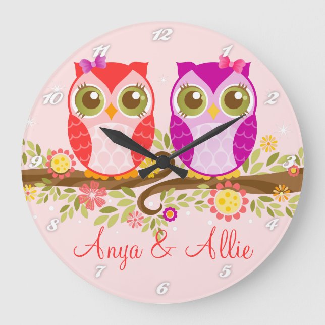 Pink & Purple Girl Owls - Custom Wall Clock (Front)