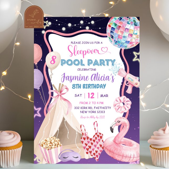 Pink Purple Girl Sleepover Pool Party Birthday Invitation (Creator Uploaded)
