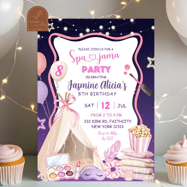 Pink Purple Girl Spa-jama Birthday Invitation (Creator Uploaded)