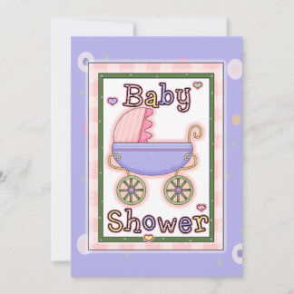 Pink Purple Girl's Baby Carriage Shower Invites