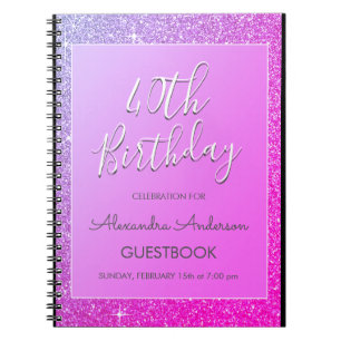 Pink Purple Glitter 40th Birthday Guestbook Notebook