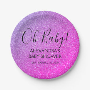 Pink Purple Glitter and Sparkle Oh Baby! Shower Paper Plate