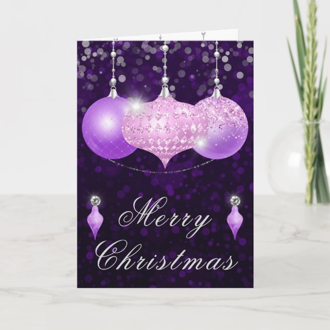 Pink & Purple Glitter Baubles Christmas Holiday Card (Front)