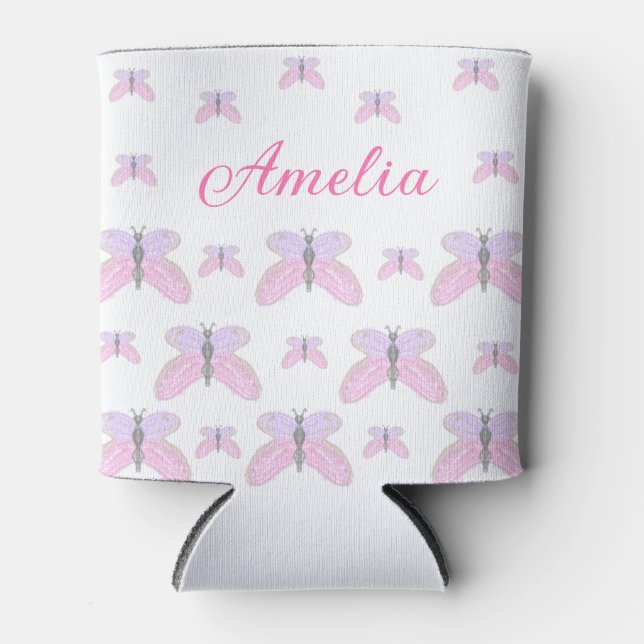 Pink purple glitter butterfly add name text letter can cooler (Front)