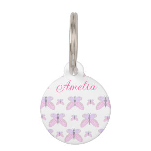 Pink purple glitter butterfly add name text letter pet tag