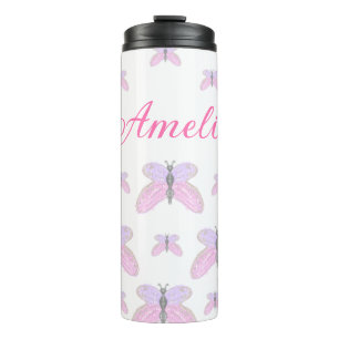 Pink purple glitter butterfly add name text letter thermal tumbler