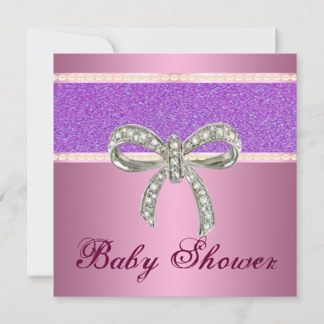 Pink Purple Glitter Diamond Bow Baby Shower Invite (Front)