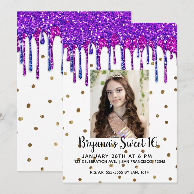 Pink Purple Glitter Drip Birthday Sweet 16 Photo Invitation (Front/Back)