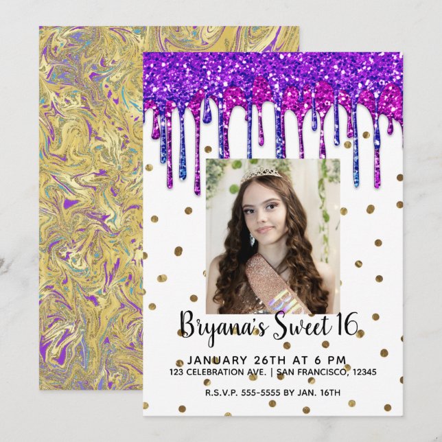 Pink Purple Glitter Drip Birthday Sweet 16 Photo Invitation (Front/Back)