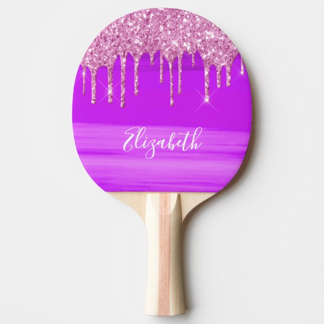 Pink purple glitter drip name monogram ping pong paddle (Front)