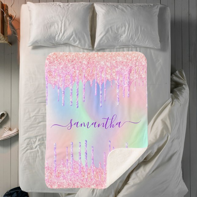 Pink purple glitter drips holographic girl name sherpa blanket (Creator Uploaded)