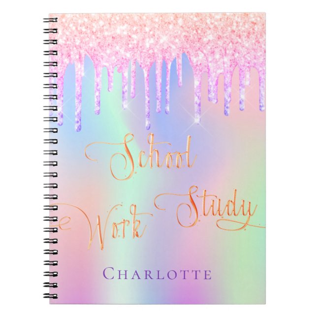 Pink purple glitter drips holographic school  notebook (Front)
