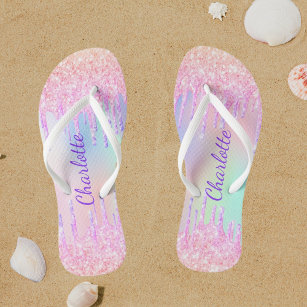 Pink purple glitter drips name holographic flip flops