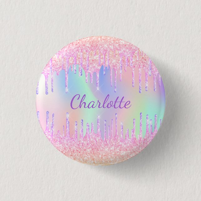 Pink purple glitter drips name holographic rainbow 3 cm round badge (Front)