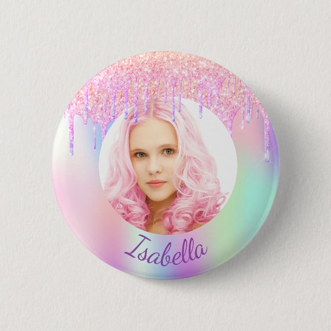 Pink purple glitter drips photo button name tag (Front)