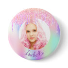 Pink purple glitter drips photo button name tag