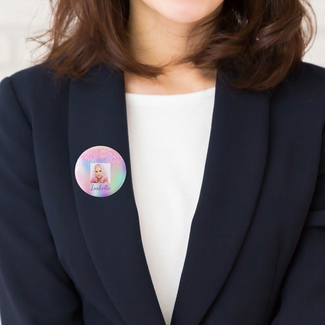 Pink purple glitter drips photo button name tag (Creator Uploaded)