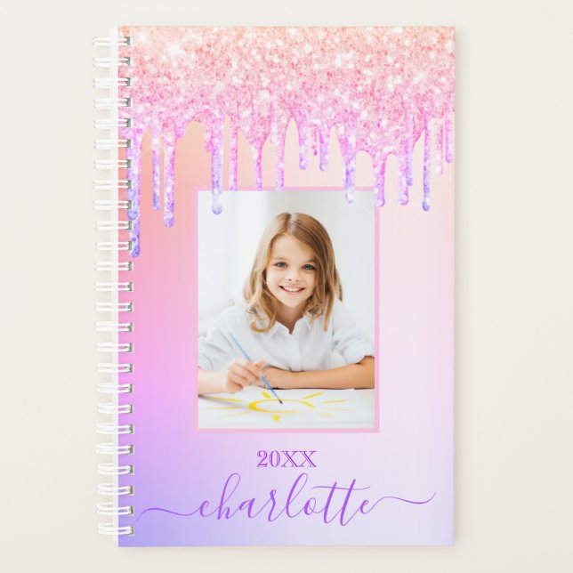 Pink purple glitter drips photo girl 2026 planner (Front)