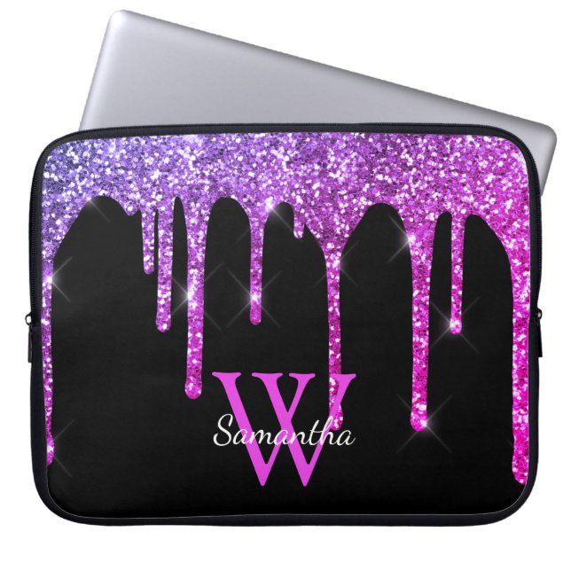 Pink Purple Glitter Drips Sparkle Monogram Name Laptop Sleeve (Front)