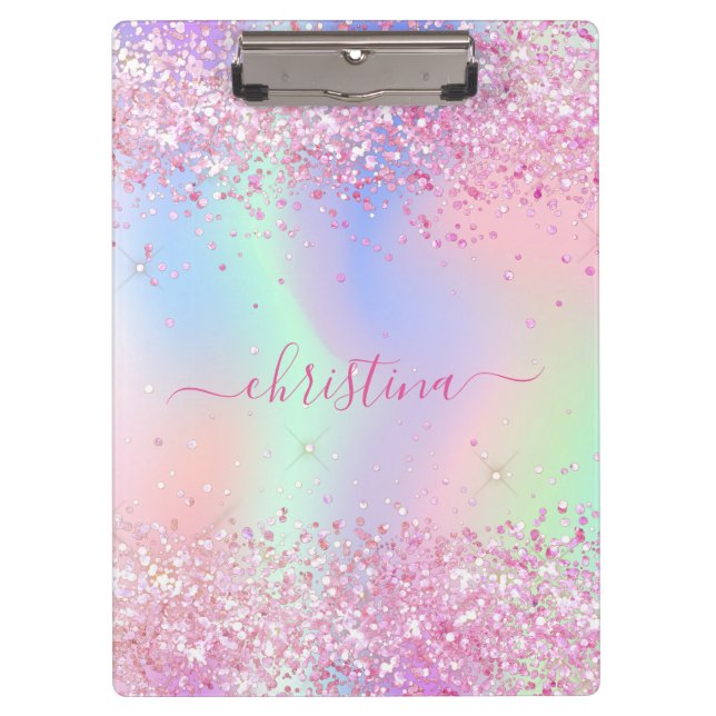 Pink purple glitter dust holographic name clipboard (Front)