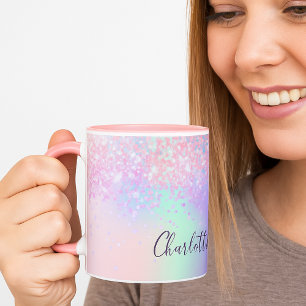 Pink purple glitter dust holographic name script m mug