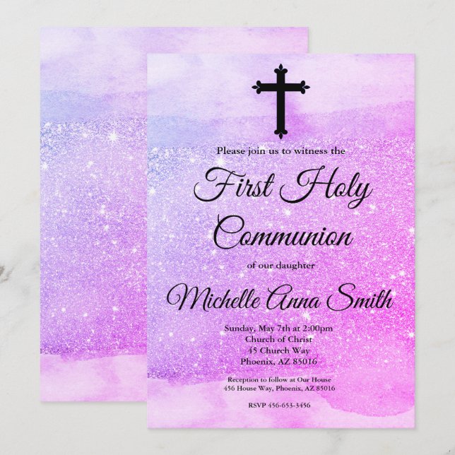 Pink Purple Glitter Girl 1st First Holy Communion Invitation (Front/Back)