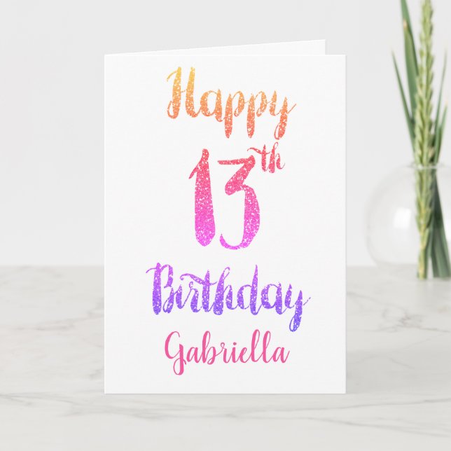 Pink Purple Glitter Happy 13th Birthday Card (Front)