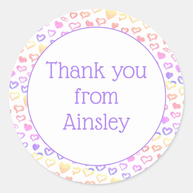 Pink Purple Glitter Hearts Custom Thank You Classic Round Sticker (Front)