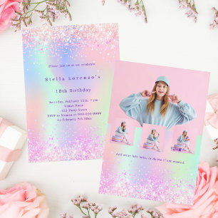 Pink purple glitter holographic photo birthday invitation