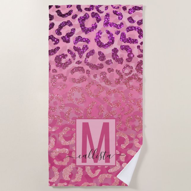 Pink Purple Glitter Leopard Animal Print Monogram Beach Towel (Front)