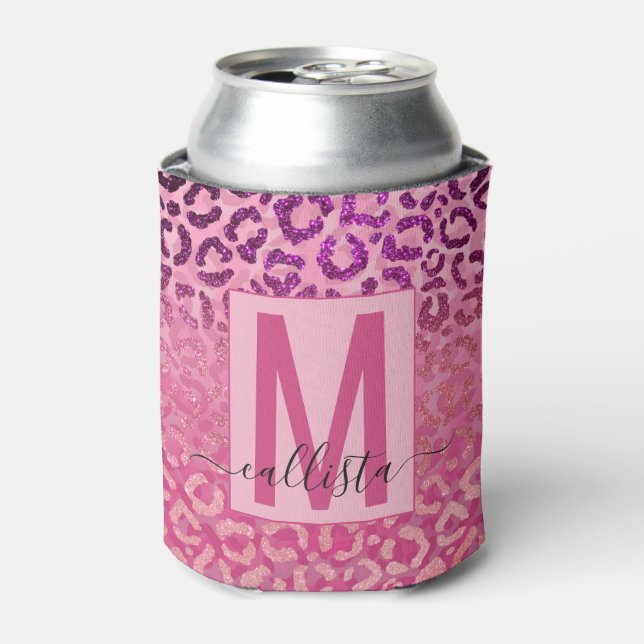 Pink Purple Glitter Leopard Animal Print Monogram Can Cooler (Can Front)