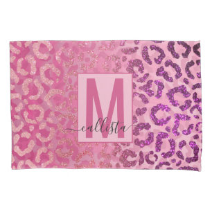 Pink Purple Glitter Leopard Animal Print Monogram Pillowcase