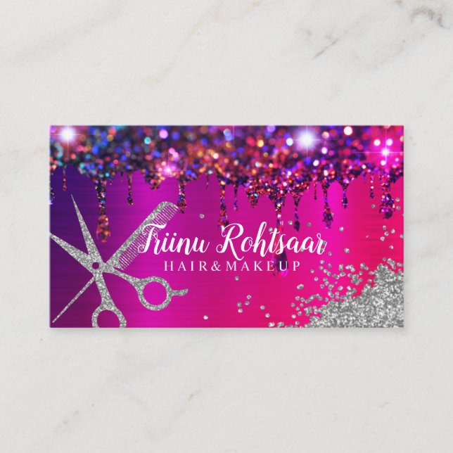 Pink Purple Glitter Makeup Artist Hair Salon Busin Business Card (Front)