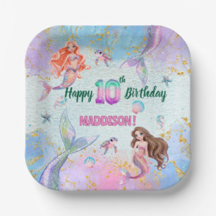 Pink Purple Glitter Mermaids 10th Birthday Party Paper Plate