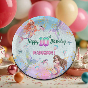 Pink Purple Glitter Mermaids 10th Birthday Party Paper Plate