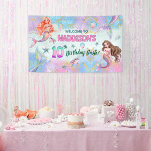 Pink Purple Glitter Mermaids 10th Birthday Welcome Banner