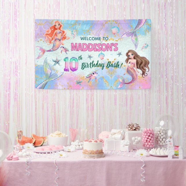 Pink Purple Glitter Mermaids 10th Birthday Welcome Banner (Party)