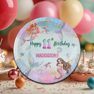 Pink Purple Glitter Mermaids 11th Birthday Party Paper Plate