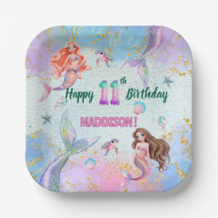 Pink Purple Glitter Mermaids 11th Birthday Party Paper Plate