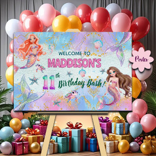Pink Purple Glitter Mermaids 11th Birthday Welcome Poster