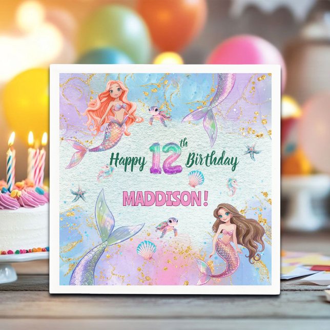 Pink Purple Glitter Mermaids 12th Birthday Party Napkin (Creator Uploaded)