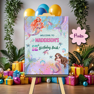 Pink Purple Glitter Mermaids 12th Birthday Welcome Poster