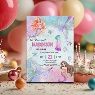 Pink Purple Glitter Mermaids 1st Birthday Party Invitation
