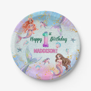 Pink Purple Glitter Mermaids 1st Birthday Party Paper Plate