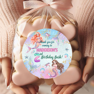 Pink Purple Glitter Mermaids 2nd Birthday Party Classic Round Sticker