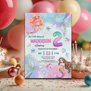 Pink Purple Glitter Mermaids 2nd Birthday Party Invitation
