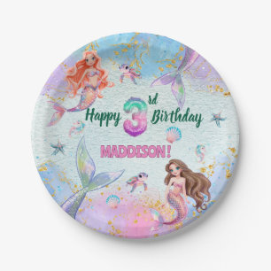 Pink Purple Glitter Mermaids 3rd Birthday Party Paper Plate