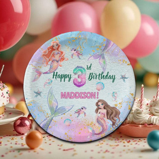 Pink Purple Glitter Mermaids 3rd Birthday Party Paper Plate (Creator Uploaded)