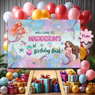 Pink Purple Glitter Mermaids 3rd Birthday Welcome  Poster