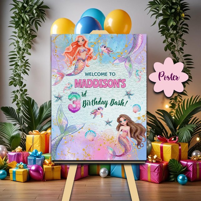 Pink Purple Glitter Mermaids 3rd Birthday Welcome Poster (Creator Uploaded)